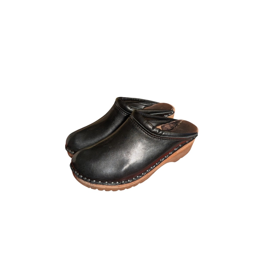 Troentorp Swedish Clogs Black Leather Wooden Mules Womens 39 EU 8.5-9 US Studded